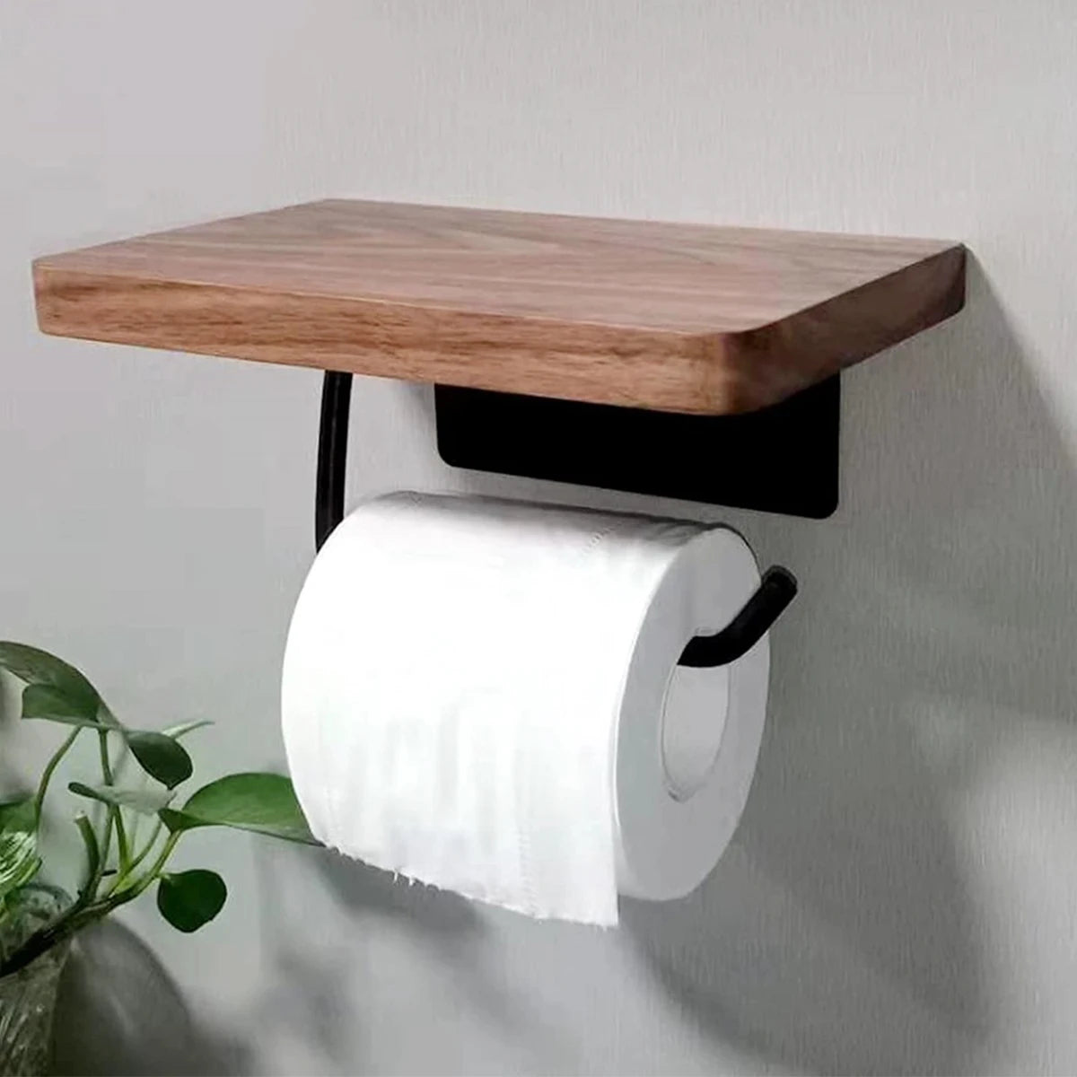 Soporte papel higiénico con estante de madera - Milán